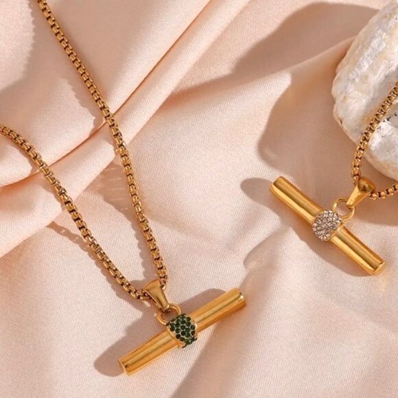 New Bar Pendant Necklace 18K Gold Plated Rhinestone Contemporary Minimalist - Picture 6 of 10